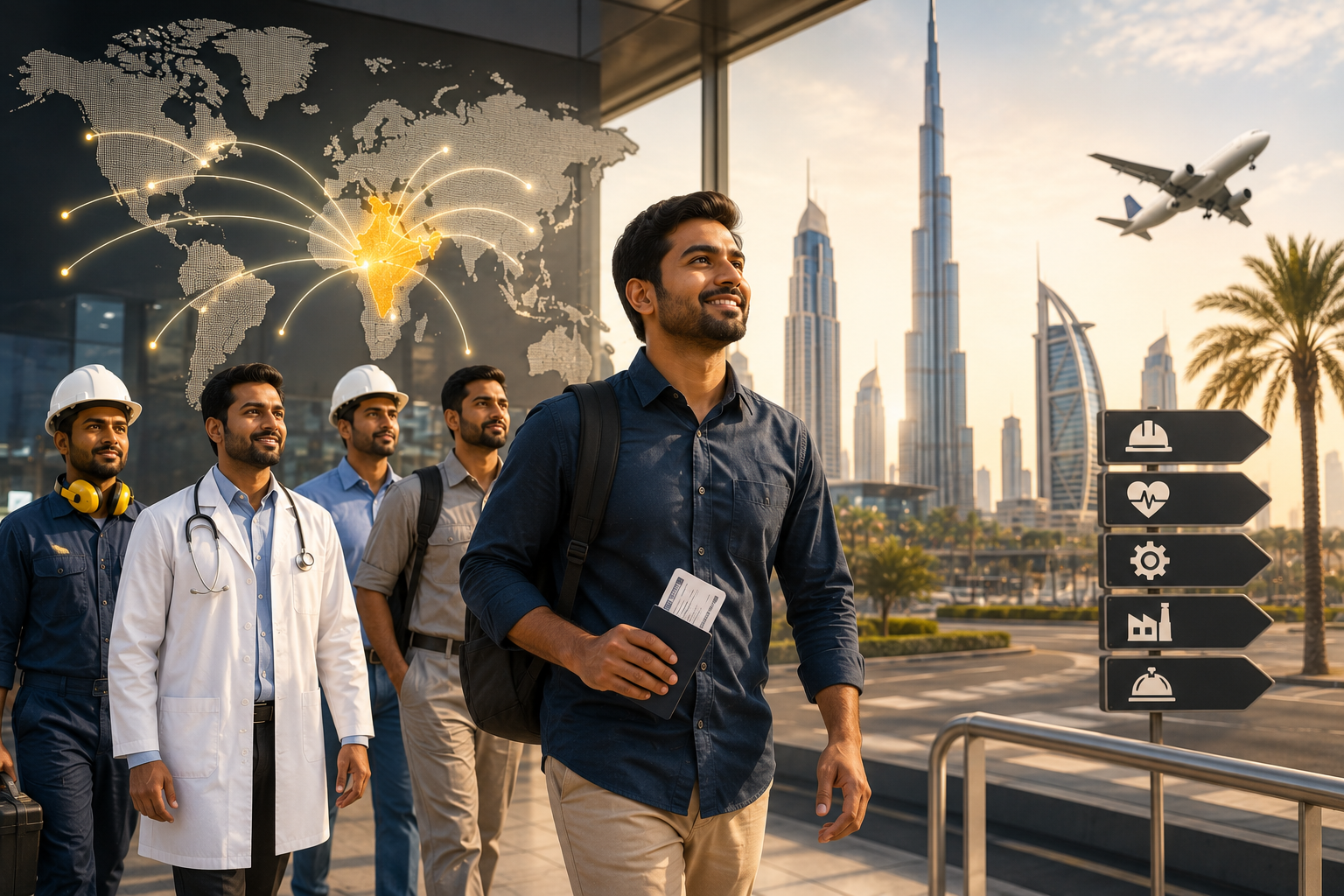 Indian skilled professionals working across construction, healthcare, engineering, and hospitality industries in the Middle East