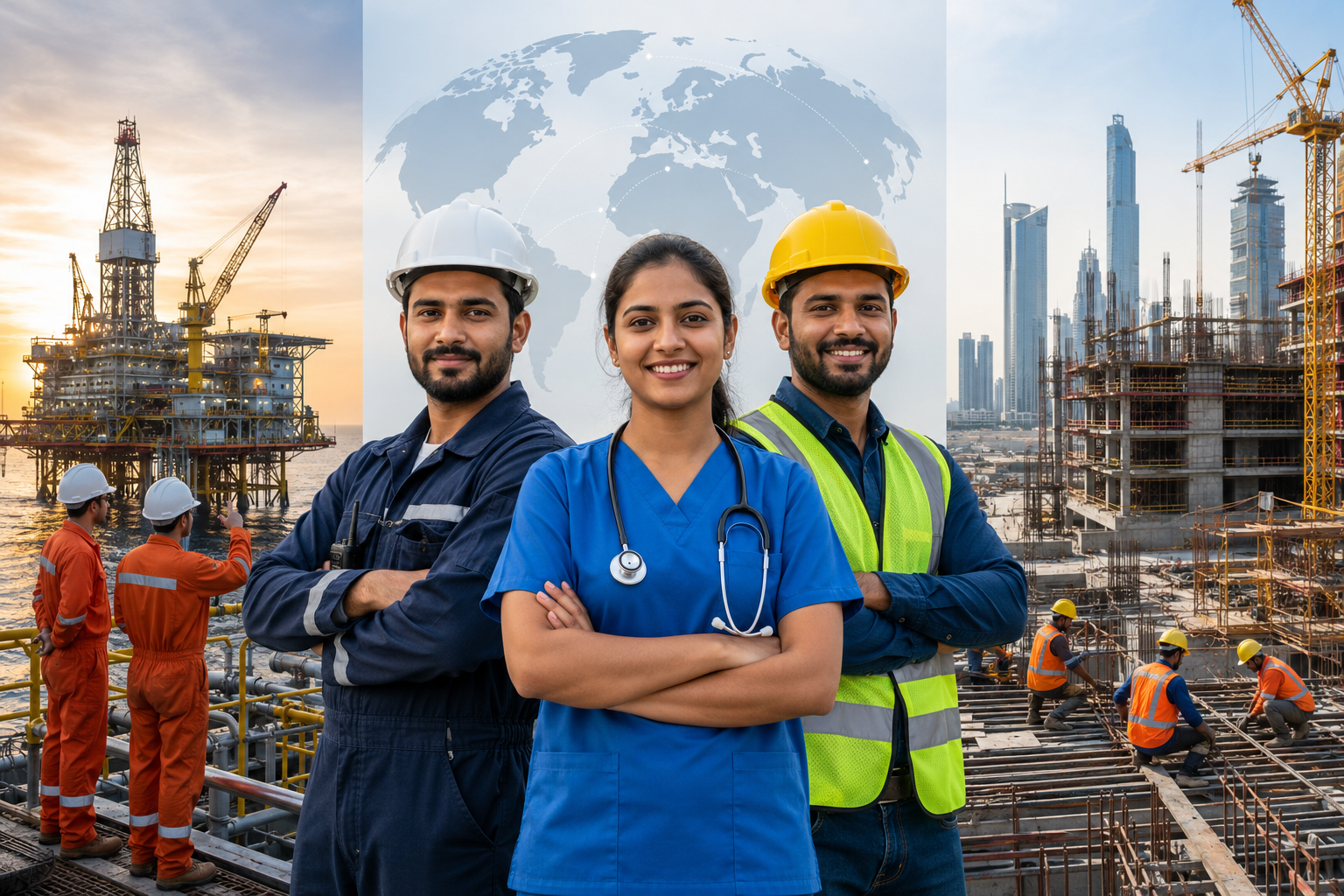 Indian healthcare professionals, engineers, and construction workers recruited for overseas employment